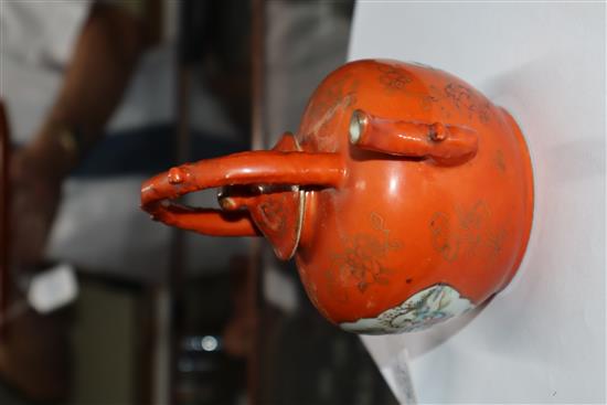 A Chinese coral ground famille rose teapot, late 19th century, H. 13cm